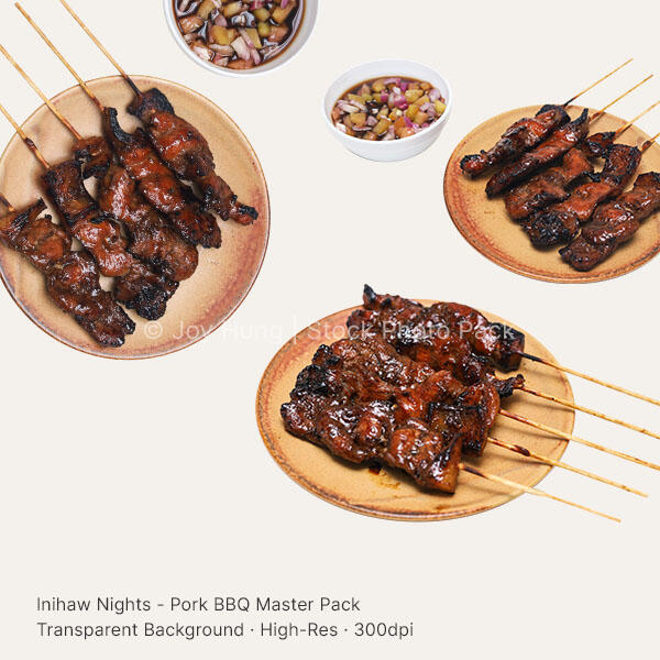 Pork BBQ Filipino Food Cutout Preview Flatlay of Filipino-style Pork BBQ cutouts on a white background — isolated PNGs perfect for menus, packaging mockups, and restaurant ads. Includes skewered pork cuts in high-resolution, transparent format.