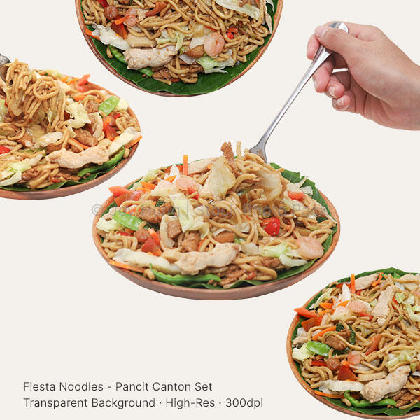 Pancit Canton PNG Cutout Preview – Joy Hung Stock Photo Transparent PNG cutouts of Filipino Pancit Canton with toppings, styled top-down with natural shadows. Ideal for menus, food packaging, flyers, and digital marketing use.