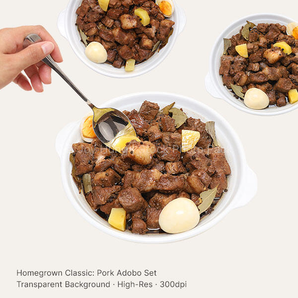 Pork Adobo PNG Cutout Preview – Joy Hung Stock Photo High-resolution PNG cutouts of Filipino Pork Adobo on plates, shot top-down with natural shadows and transparent backgrounds. Ideal for menus, packaging mockups, and Filipino food designs.